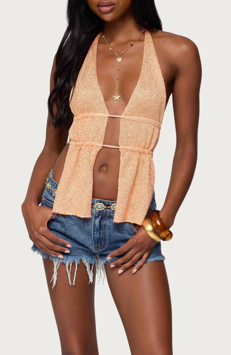 EDIKTED Sequin Split Front Knit Halter Top, Main, color, Orange