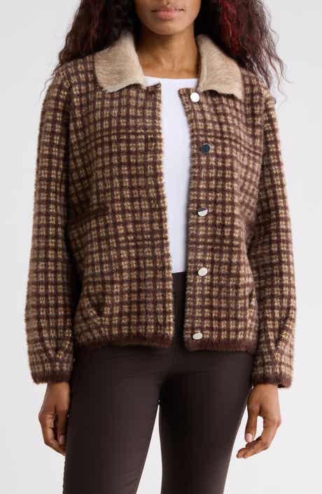Plaid Knit Faux Fur Collar Jacket