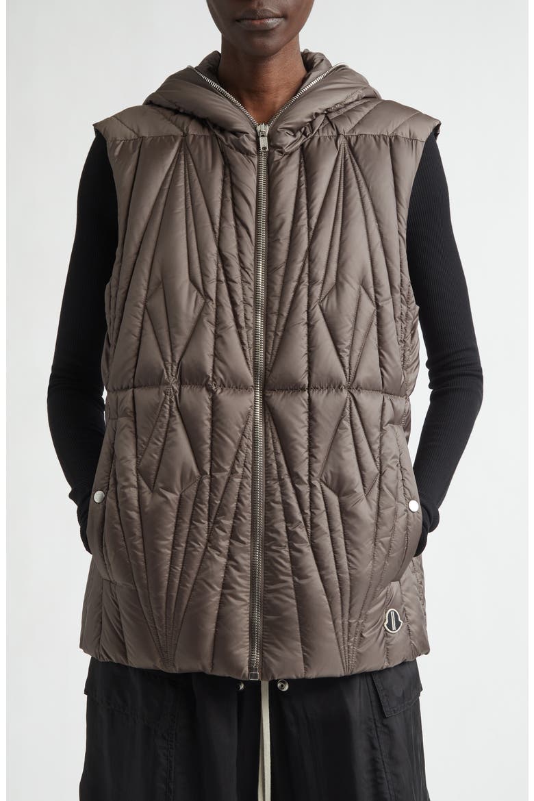 x Rick Owens Geocamo Ziplock Hooded Down Vest, Main, color, OLIVE GREEN