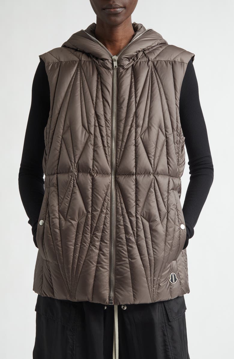 Moncler x Rick Owens Geocamo Ziplock Hooded Down Vest, Main, color, Olive Green