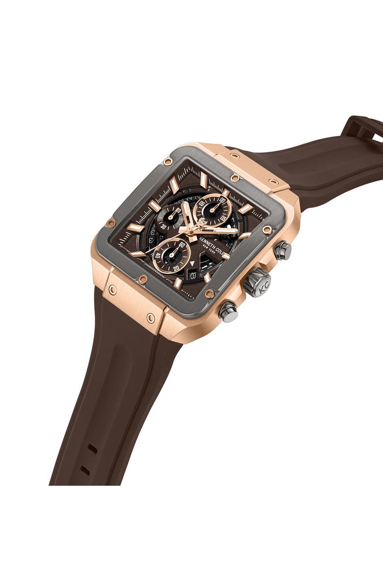 Kenneth Cole New York Arlington Automatic Chronograph Silicone Strap Watch, 43mm, Alternate, color, Dark Brown