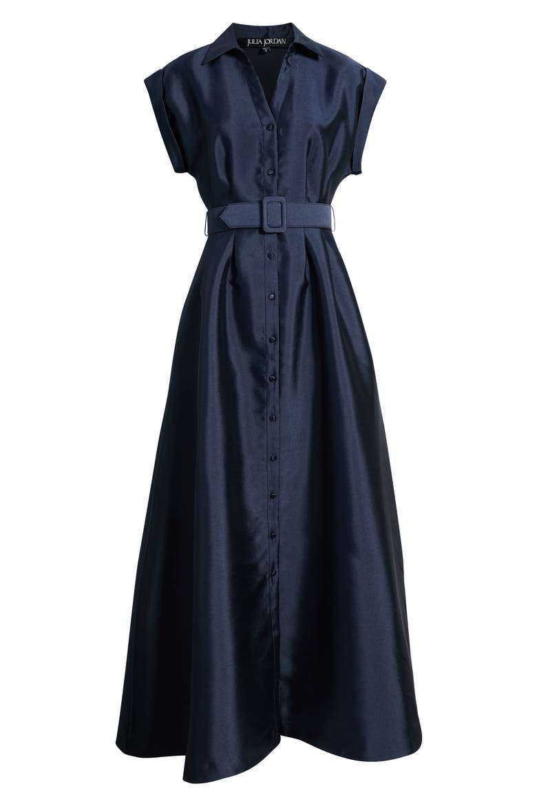 Short Sleeve Belted A-Line Satin Shirtdress, Alternate, color, NAVY