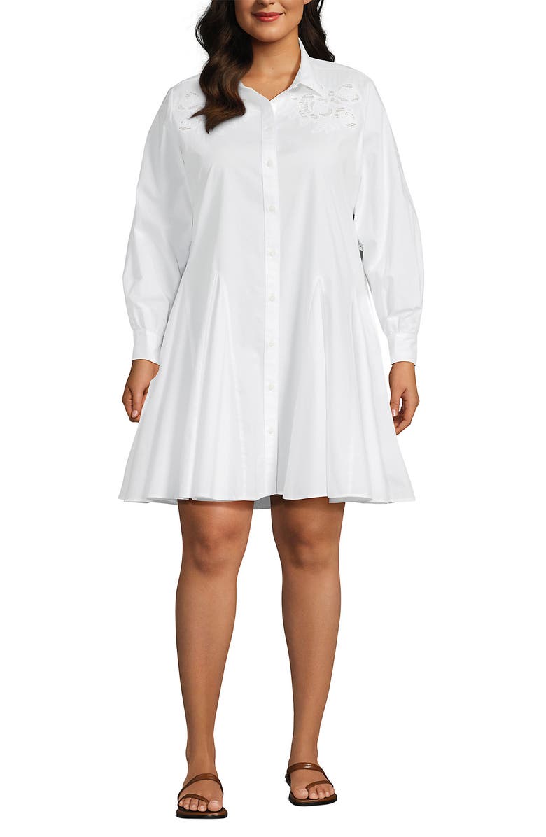 Lands' End Plus Size Poplin Button Front Dress with Godets, Alternate, color, White/Coral Red Painted Posies