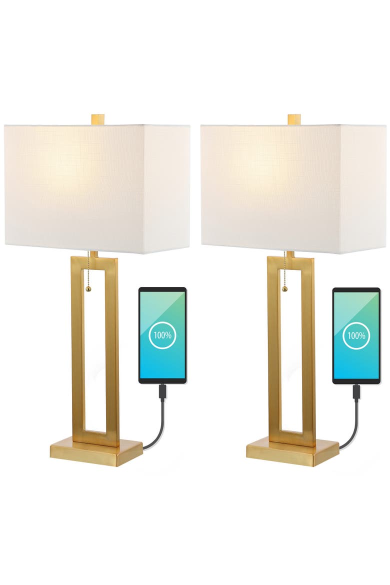 Sabrina Vintage Industrial Iron LED Table Lamp with Pull-Chain and USB Charging Port, Main, color, Brass Gold