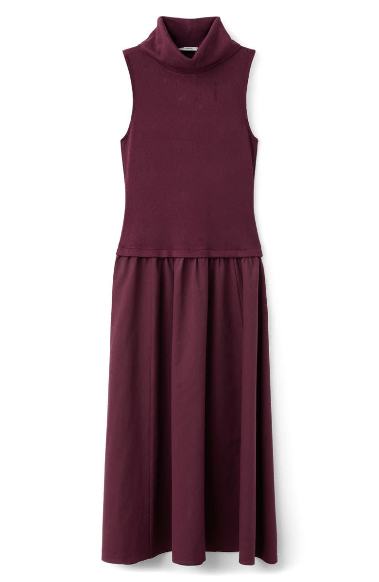 MANGO Funnel Neck Mixed Media Midi Dress, Alternate, color, Burgundy