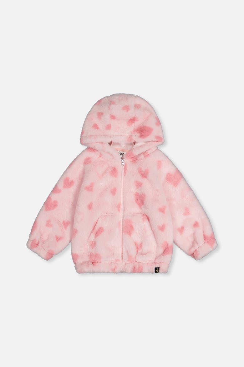 Hooded Full Zip Heart Jacquard Kangaroo Pocket Faux Fur Jacket, Main, color, Pink Printed with Hearts