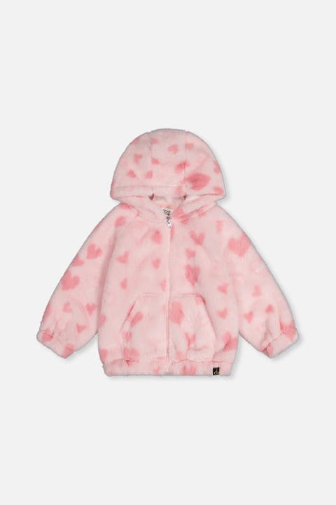 Hooded Full Zip Heart Jacquard Kangaroo Pocket Faux Fur Jacket