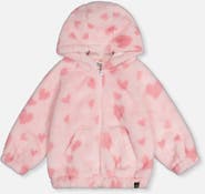 Deux par Deux Hooded Full Zip Heart Jacquard Kangaroo Pocket Faux Fur Jacket