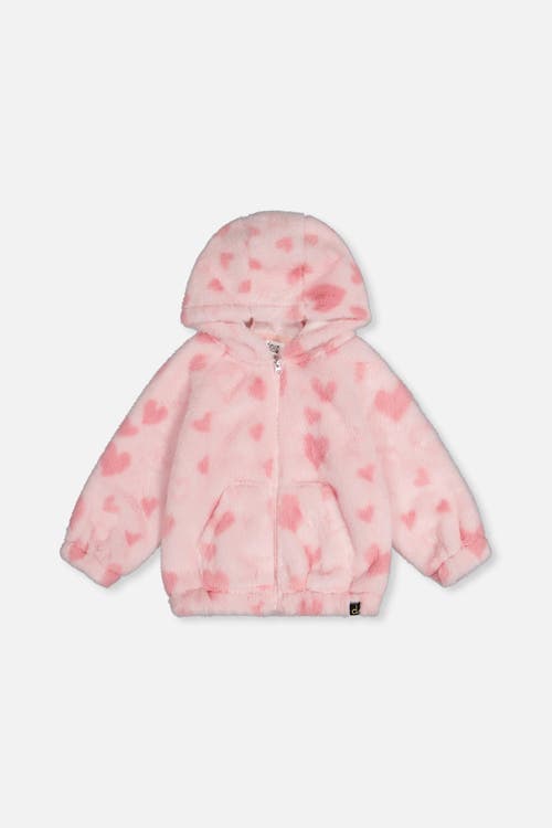 Deux Par Deux Babies'  Hooded Full Zip Heart Jacquard Kangaroo Pocket Faux Fur Jacket In Pink