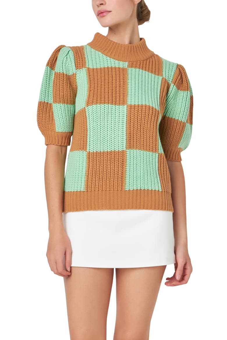 Check Pattern Short Sleeve Shaker Stitch Sweater, Alternate, color, BROWN GREEN