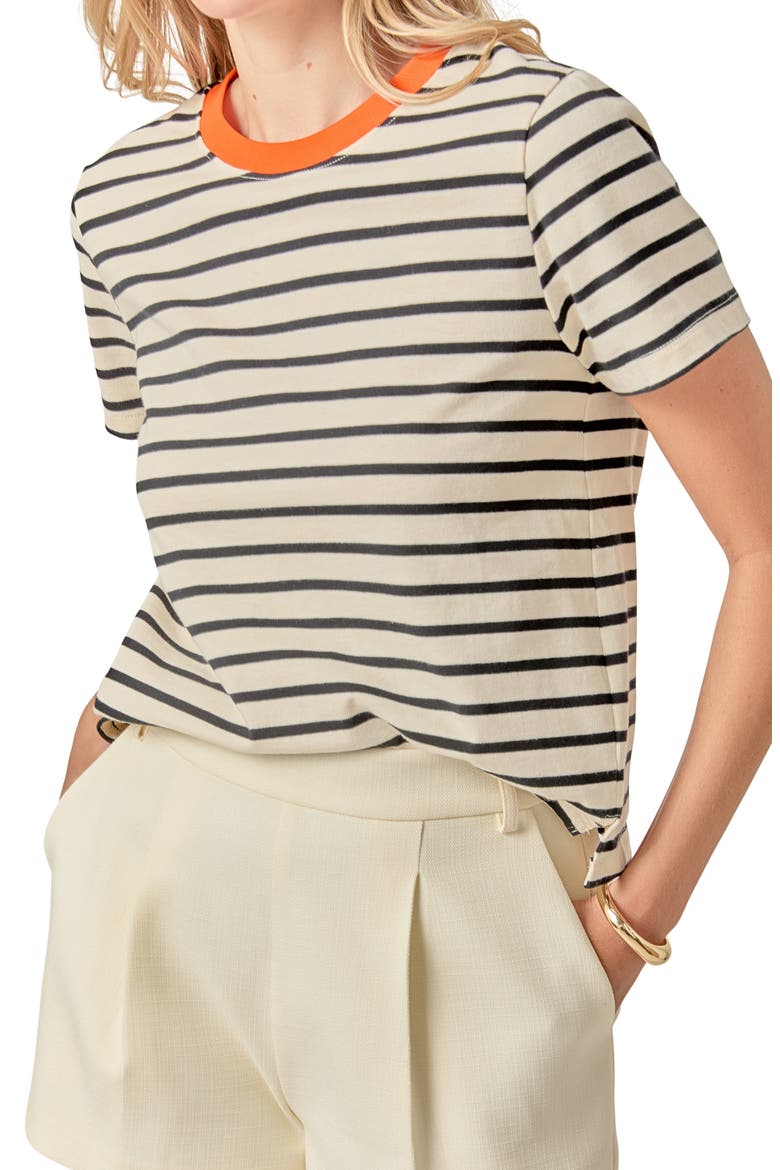 Contrast Crewneck Stripe T-Shirt, Alternate, color, WHITE/ ORANGE