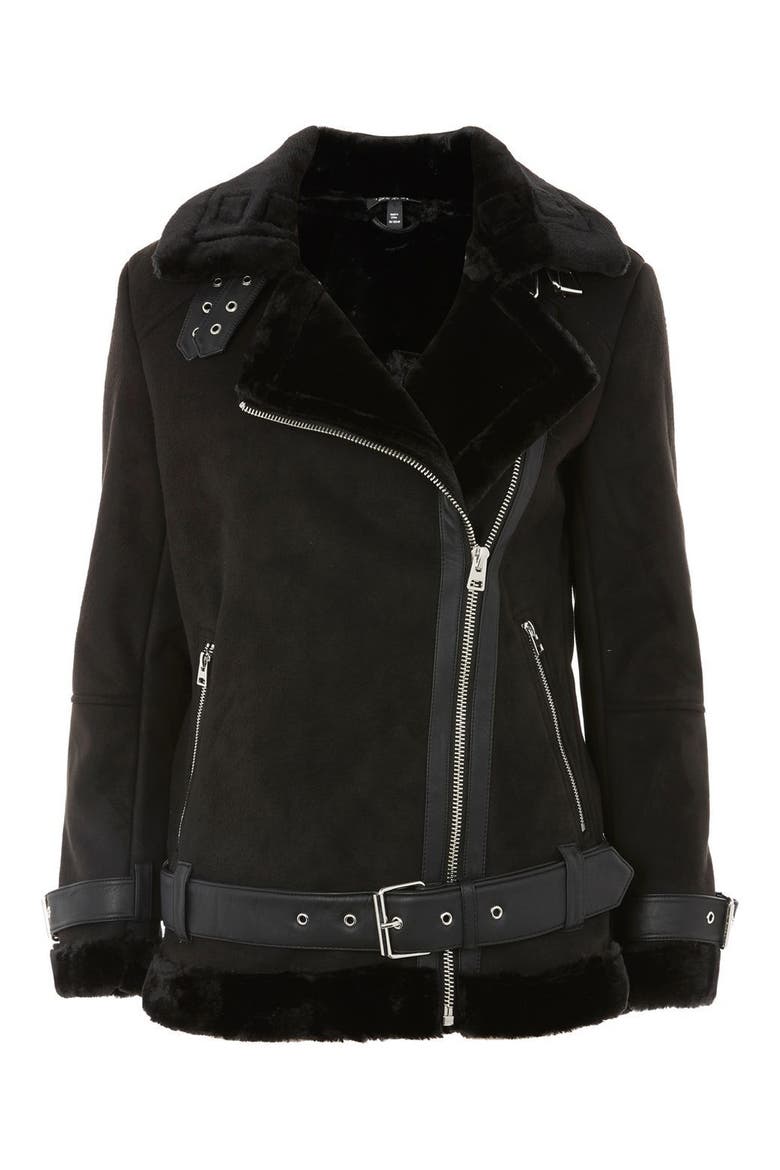 Faux Shearling Biker Jacket, Alternate, color, BLACK