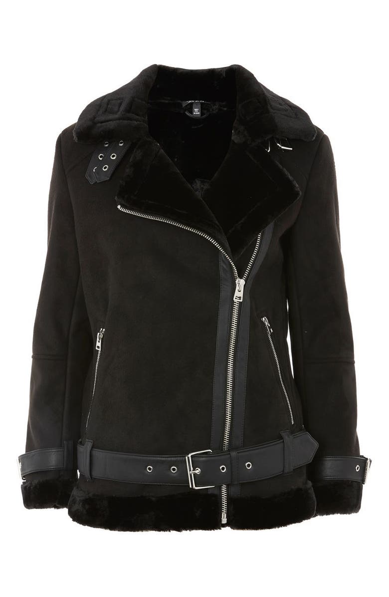 Topshop Faux Shearling Biker Jacket, Alternate, color, 
