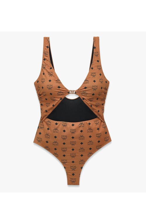 Mcm Monogram-print Cut-out Swimsuit In Cognac