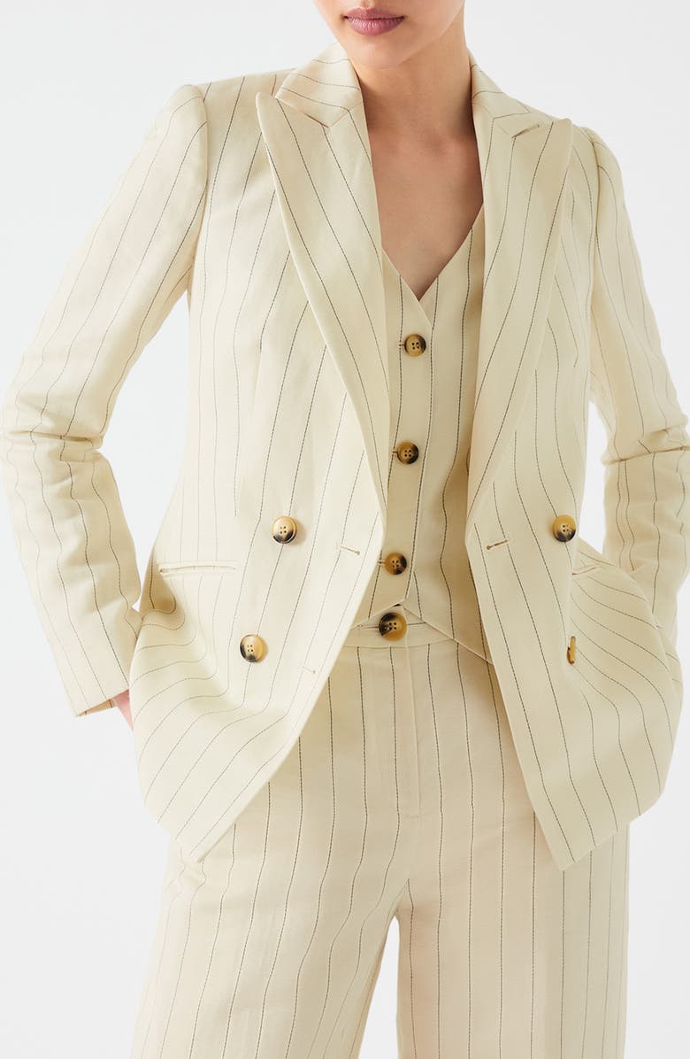 LK Bennett Amore Pinstripe Linen Blend Double Breasted Blazer, Alternate, color, Cream
