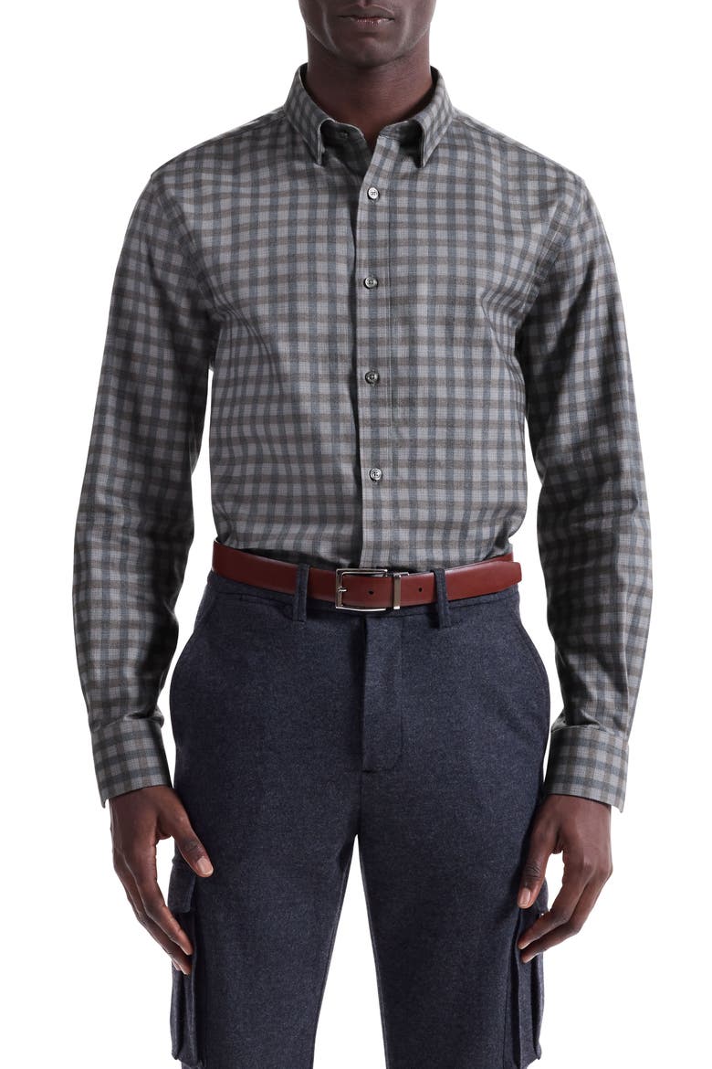 Karl Shaped Fit Plaid Cotton Button-Up Shirt, Main, color, WALNUT