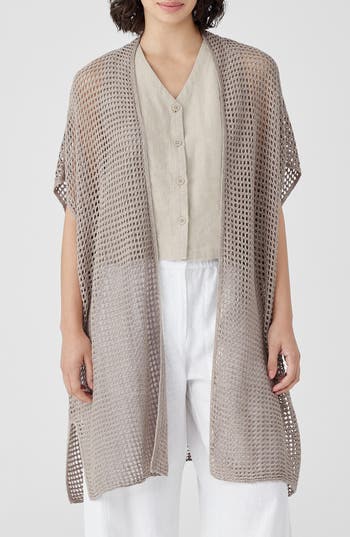 EILEEN FISHER EILEEN FISHER OPEN STITCH LONGLINE ORGANIC LINEN CARDIGAN