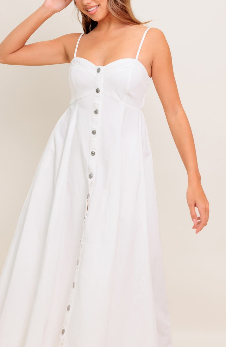 FLYING TOMATO Denim Button Front Midi Dress, Alternate, color, White