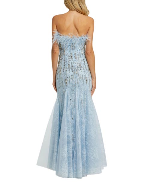 Mac Duggal Strapless Feather Embellished Mermaid Gown