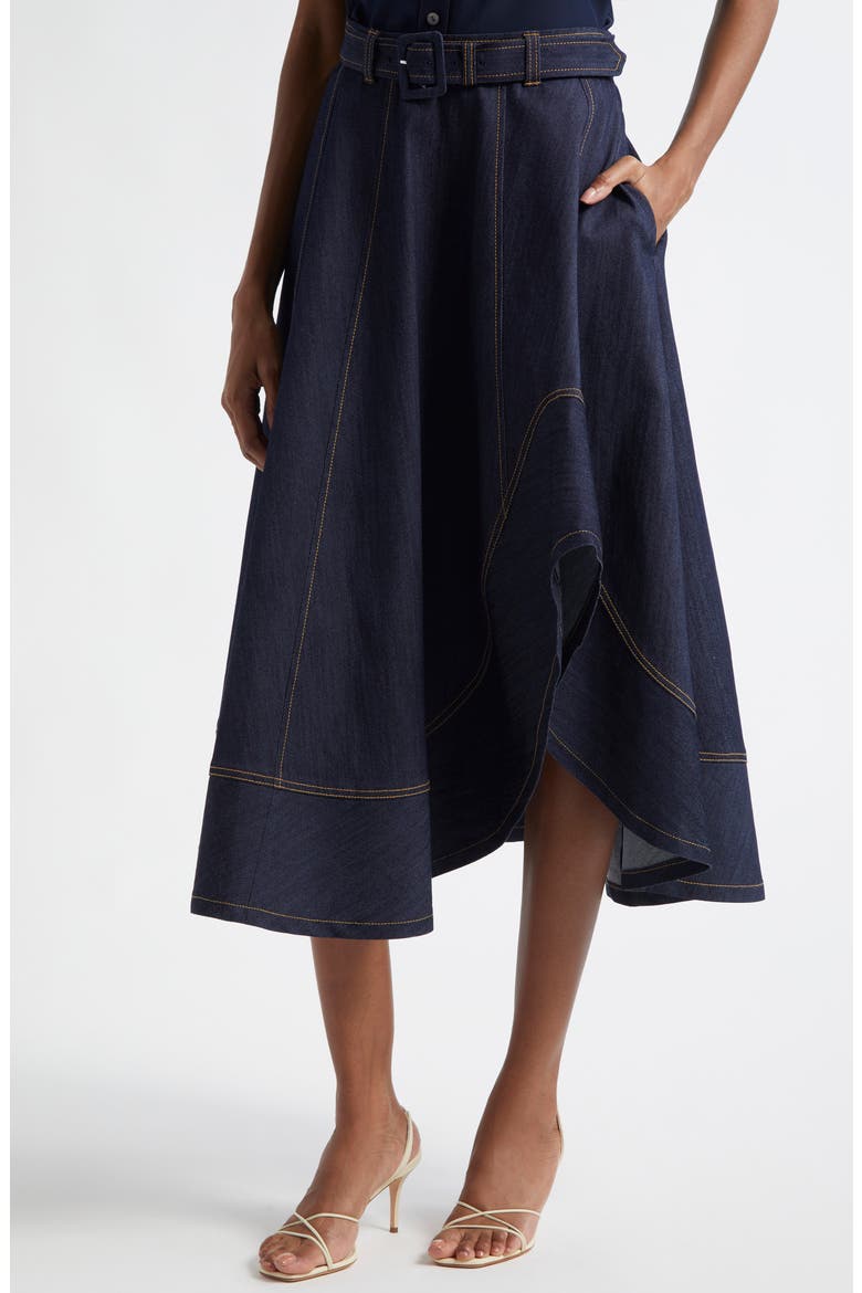 Zelda Denim Asymmetric Midi Skirt, Alternate, color, INDIGO