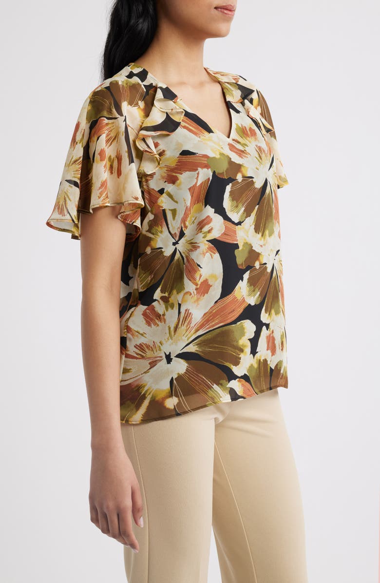 Anne Klein Print Flutter Sleeve Top, Alternate, color, Anne Black/ Green Multi