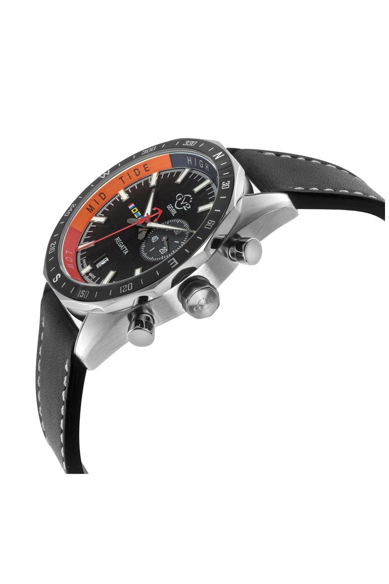 Regatta Stainless Steel Swiss Quartz Leather Strap Watch, 42mm, Alternate, color, BLACK