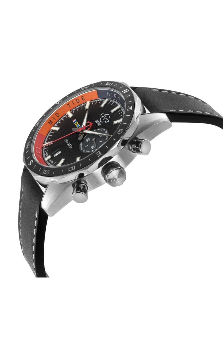 GV2 Regatta Stainless Steel Swiss Quartz Leather Strap Watch, 42mm, Alternate, color, Black