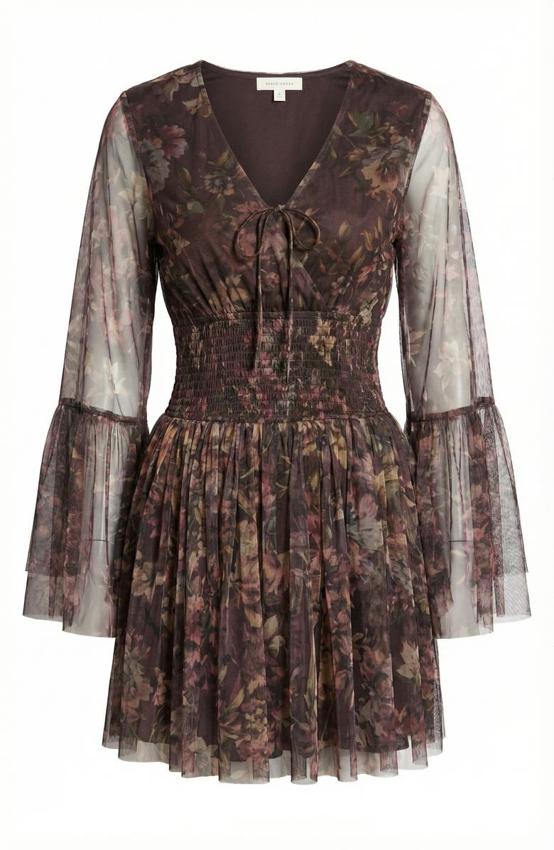 Modenaire Floral Long Sleeve Mini Dress with Smocked Waist and Flared Skirt, Alternate, color, Brown Floral