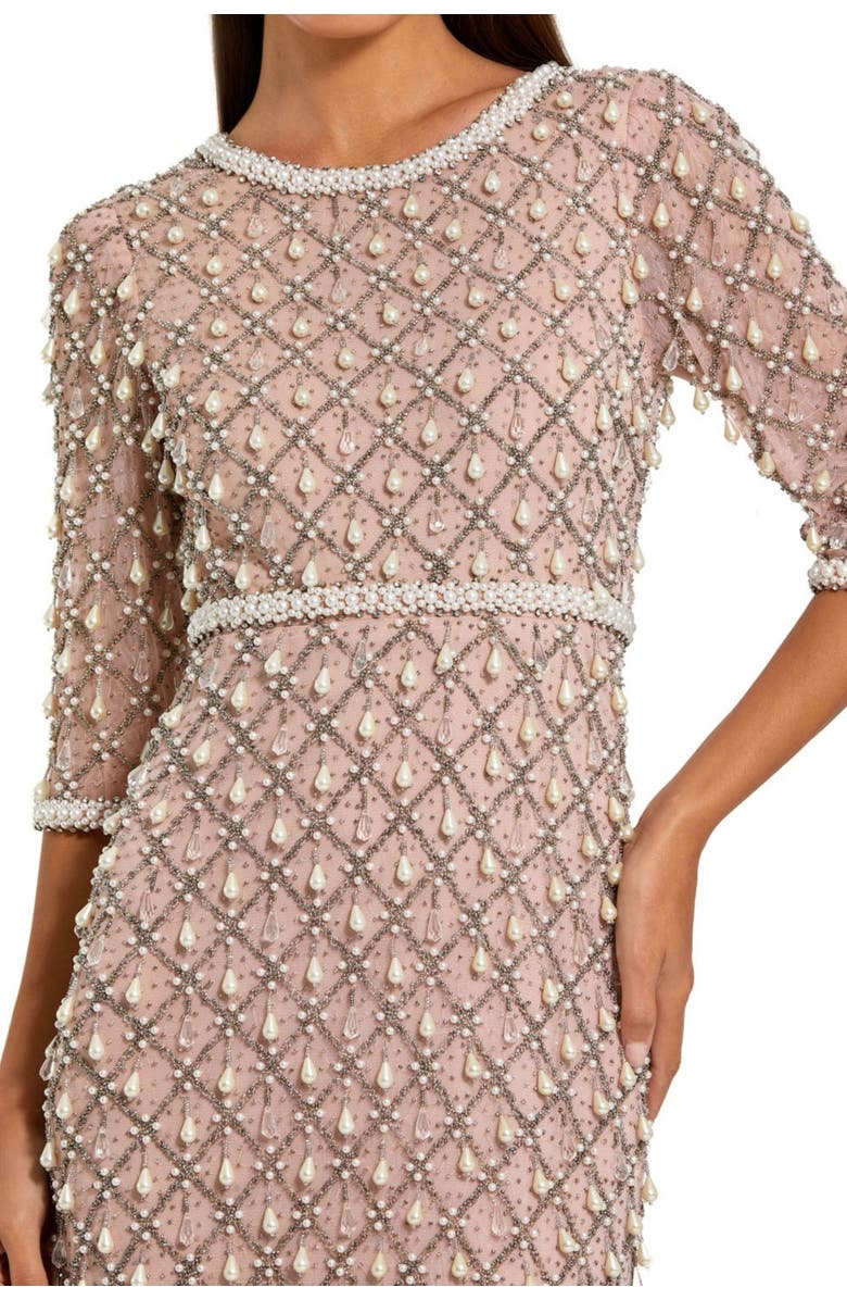 Mac Duggal 3/4 Sleeve Pearl Embellished Mesh Gown, Alternate, color, Light Rose