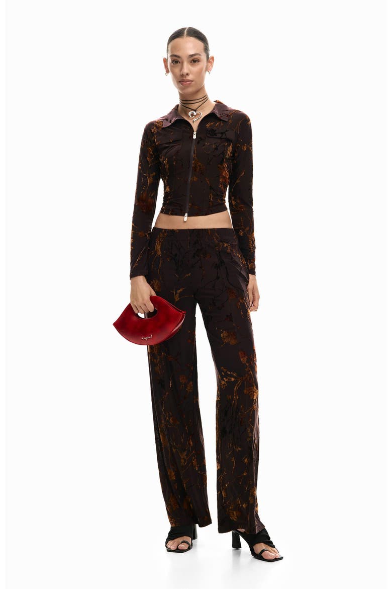 Burnout Floral Straight Leg Pants, Alternate, color, BROWN