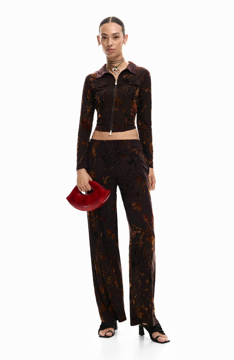 Desigual Burnout Floral Straight Leg Pants, Alternate, color, Brown