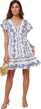 Roaman's Plus Size Printed V Neck Ruffle Sleeve Mini Dress