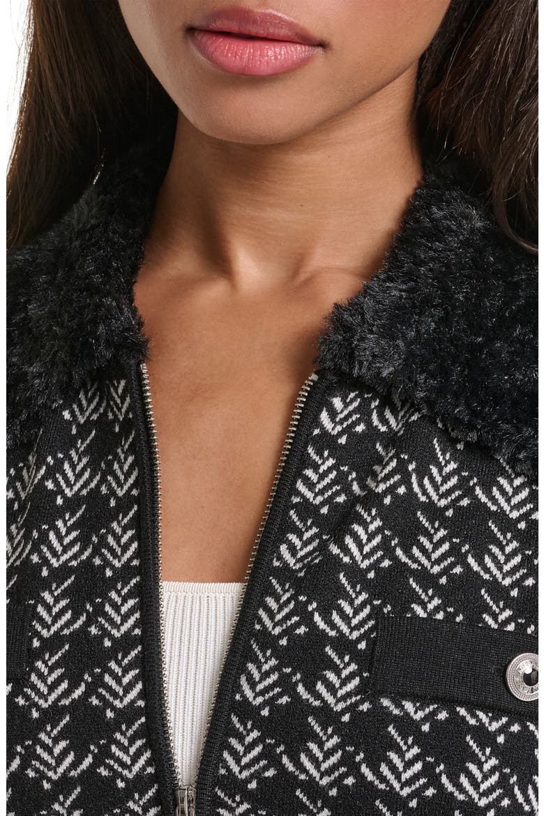 Faux Fur Collar Zip Front Cardigan, Alternate, color, BLACK/ SOFT WHITE
