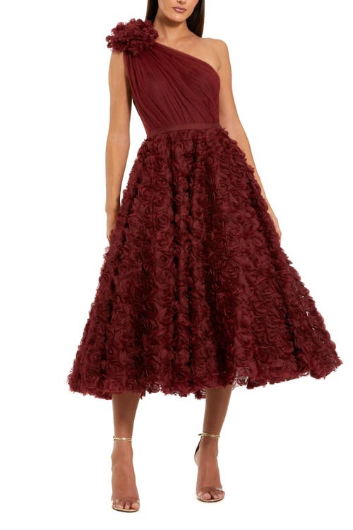 Mac Duggal One Shoulder Rosette A Line Midi Dress With 3d Flower In Burgundy