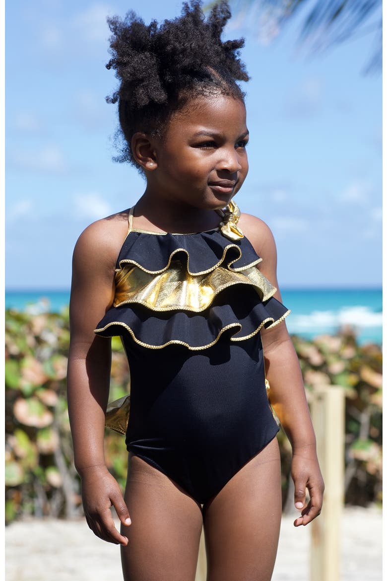 Triple Ruffled, with Bow Detail One-Piece Swimsuit, Alternate, color, Black