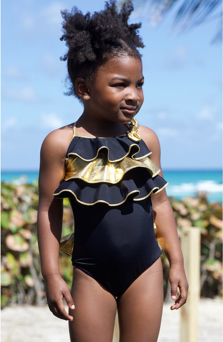 NESSI BYRD Triple Ruffled, with Bow Detail One-Piece Swimsuit, Alternate, color, Black