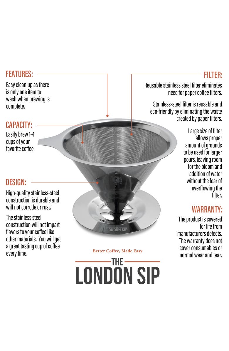 London Sip Stainless Steel Coffee Dripper, 1-4 Cup, Alternate, color, Metallic Silver
