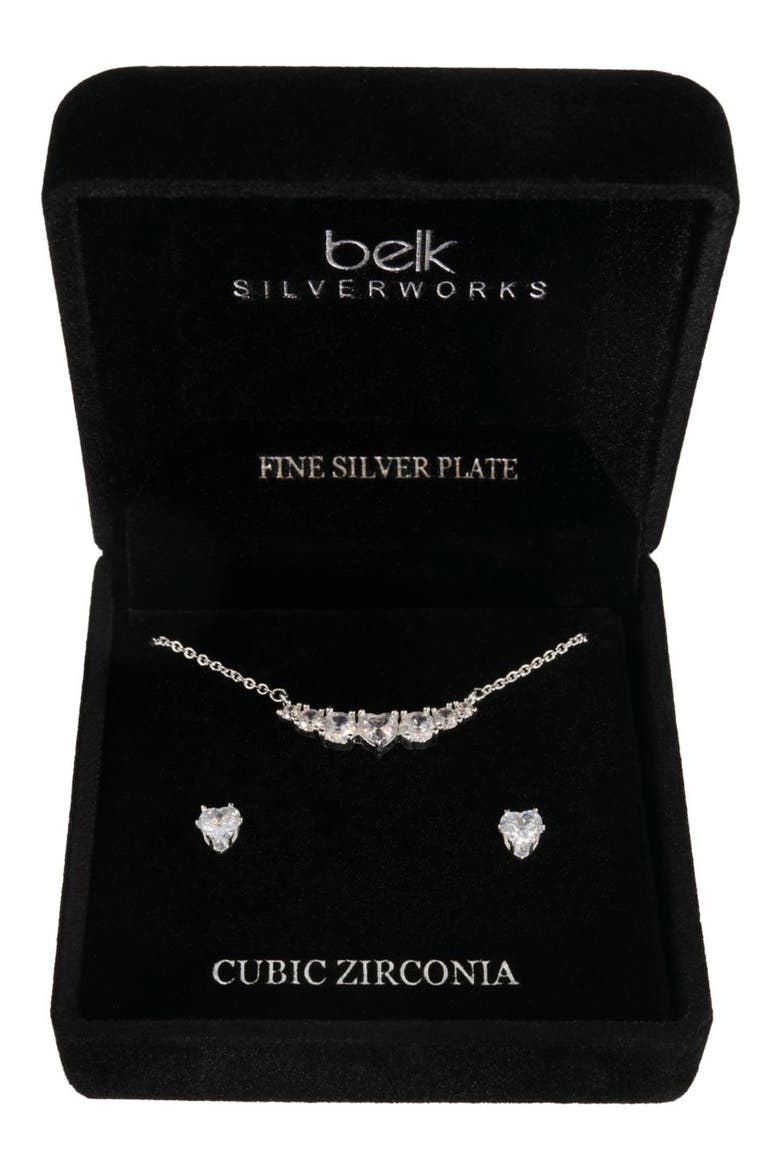Cubic Zirconia Heart Pendant Necklace & Stud Earrings Set, Main, color, METALLIC SILVER