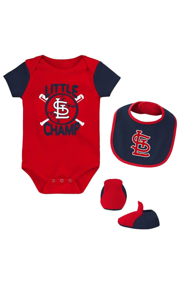 Outerstuff Newborn & Infant Red/Navy St. Louis Cardinals Little Champ Three-Pack Bodysuit Bib & Booties Set, Main, color, Red