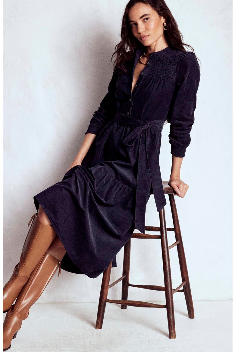 Cecily Belted Long Sleeve Cotton Corduroy Midi Dress, Alternate, color, NAVY