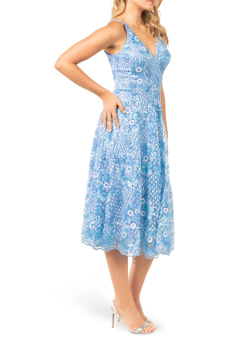 Elisa Sequin Embroidered Cocktail Midi Dress, Alternate, color, SKY MULTI
