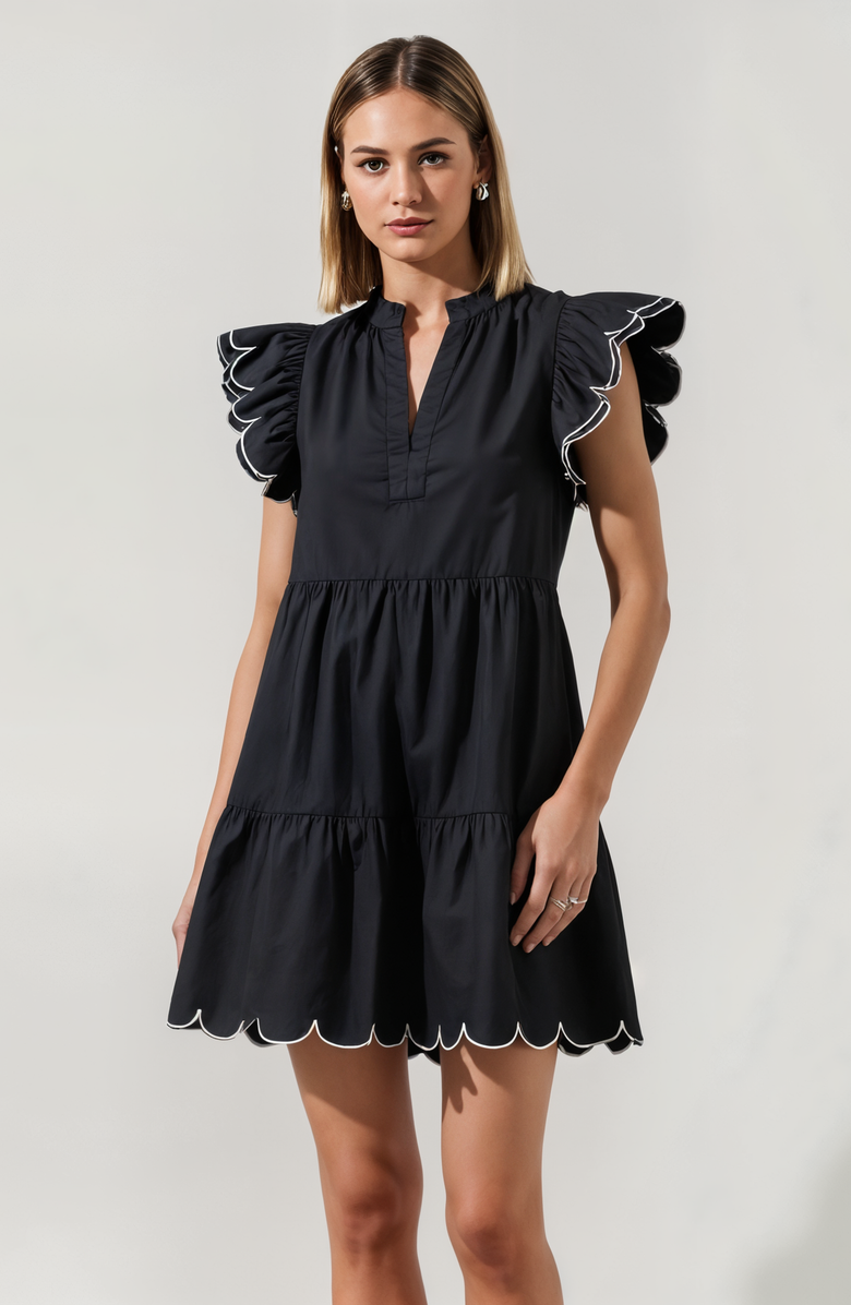 Modenaire Tiered Mini Dress with Scalloped Trim and Ruffled Sleeves, Main, color, 