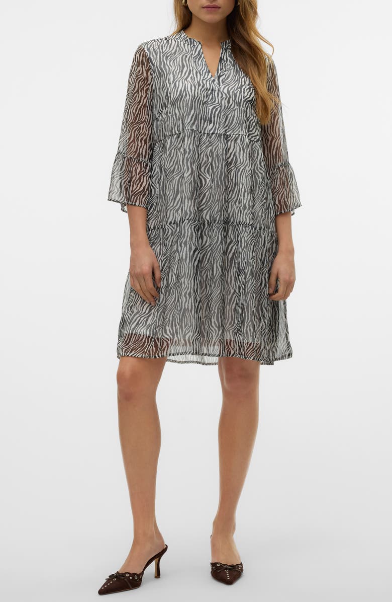 VERO MODA Smilla Three-Quarter Sleeve Drop Waist Dress, Main, color, Snow White All Over Print Zebr