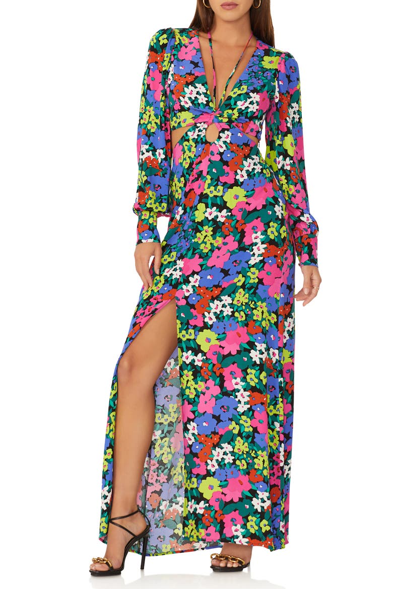 Dialli Cutout Long Sleeve Maxi Dress, Main, color, NEON NIGHT GARDEN