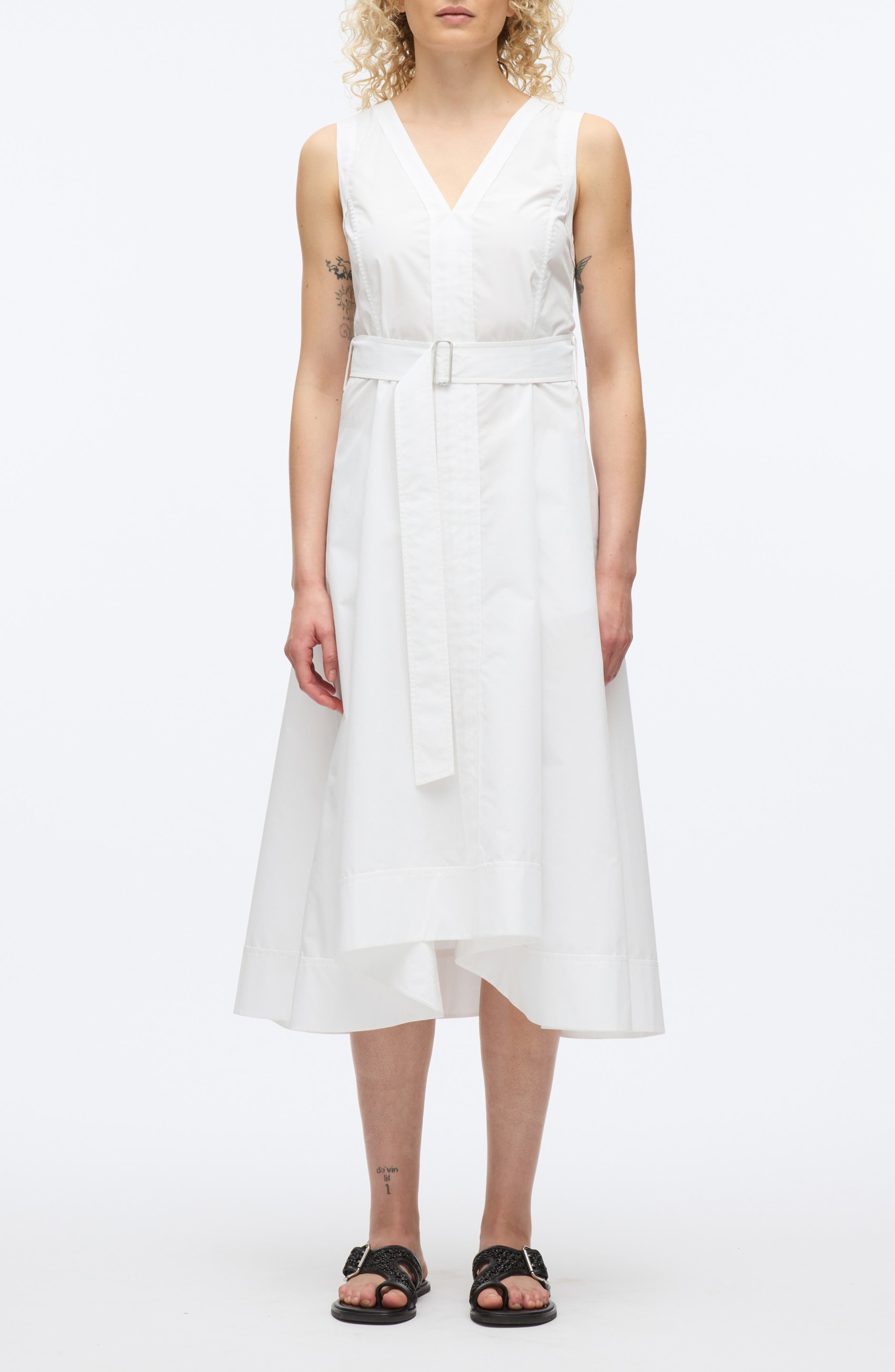 Sleeveless Belted Cotton Blend Midi Dress