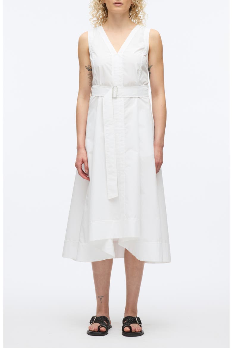Sleeveless Belted Cotton Blend Midi Dress, Main, color, WHITE