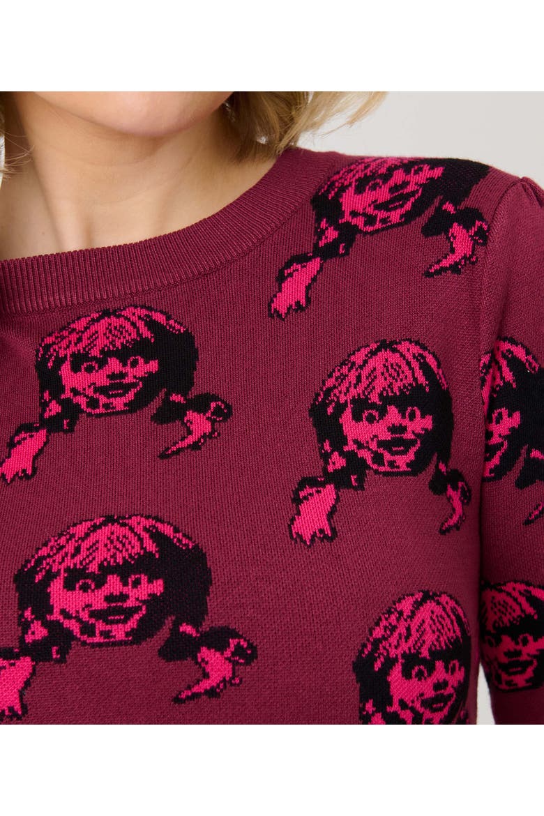 Embroidered Long Sleeve Sweater, Alternate, color, Red Annabelle Doll Print