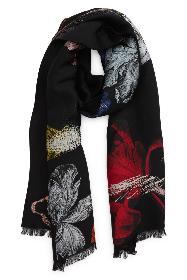 Botanical Reel Wool Blend Scarf, Main, color, BLACK/ RED