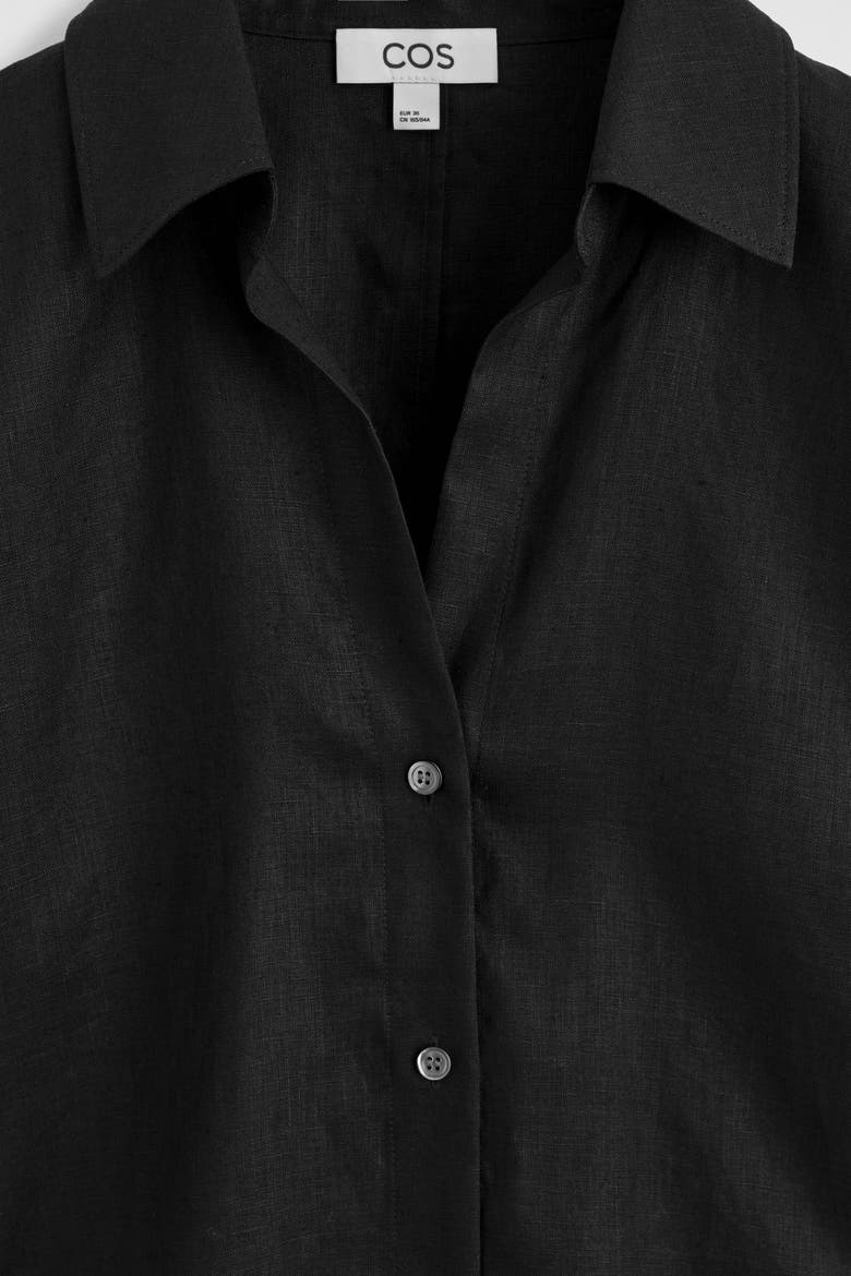 Open-collar Linen Mini Shirt Dress, Alternate, color, BLACK