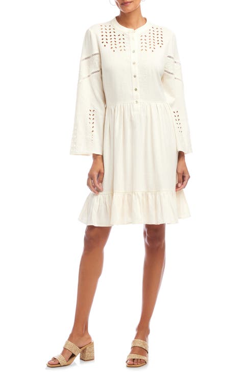 Embroidery & Eyelet Detail Long Sleeve Linen Blend Dress